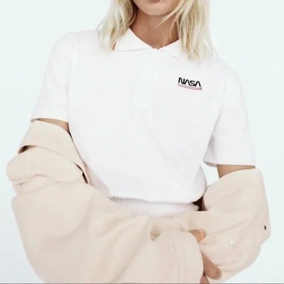 New Zara Embroidered "NASA" Short Sleeve White Polo Shirt NWT Size Large - Picture 3 of 14